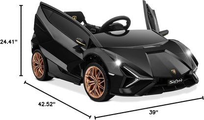 Kids 12V Electric Ride on Licensed Lamborghini Sian Roadster Motorized Toy Car with Remote Control, Wheels Suspension, LED Lights & Music – Black with Gold Rim