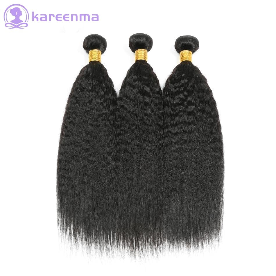 Kinkystraight Human Hair Bundles Yaki Straight Bundles Human Hair 3 Bundles 14 16 18 Inches Real Hair Extensions for Women Natural Black 100% Unprocessed Brazilian Virgin Remy Hair