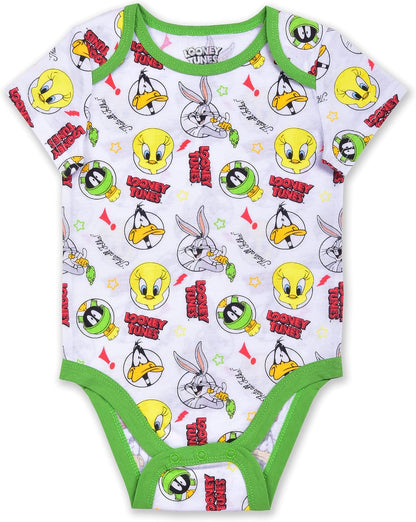 . Looney Tunes Boys’ 5 Pack Short Sleeve Bodysuit for Newborn and Infant – Yellow/Grey/Brown/White/Black