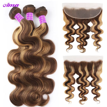 Highlight Bundles with Frontal 13X4 Honey Blonde Body Wave Bundles with Frontal Colored Ombre Human Hair Bundles with Frontal