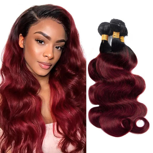 Ombre 1B99J Human Hair Body Wave Bundles Burgundy Body Wave Bundles Black Mixed with Burgundy Two Tone Brazilian Human Hair Extensions Soft and Silky for Black Women 20 22 24 Inch