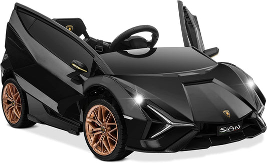 Kids 12V Electric Ride on Licensed Lamborghini Sian Roadster Motorized Toy Car with Remote Control, Wheels Suspension, LED Lights & Music – Black with Gold Rim