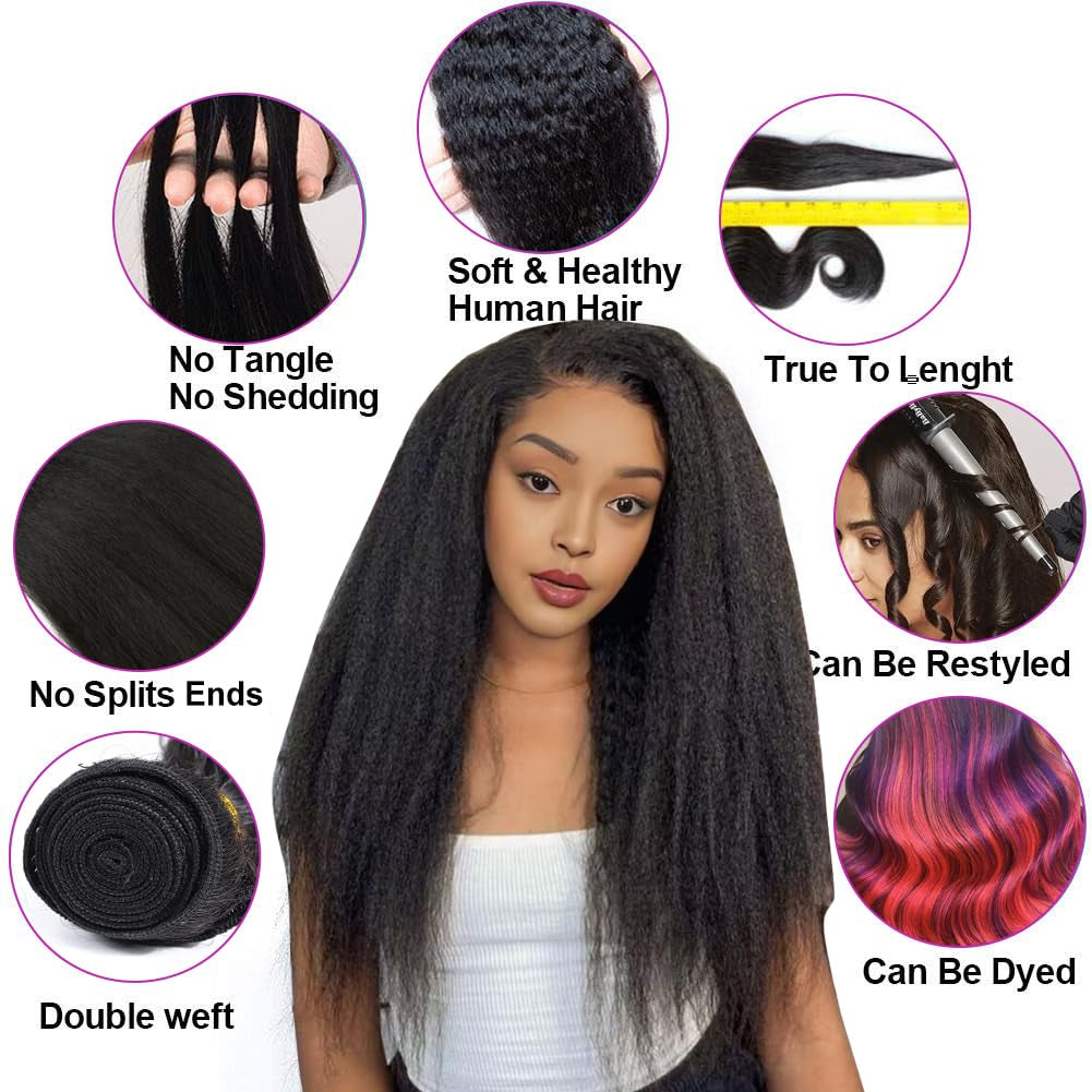 Kinkystraight Human Hair Bundles Yaki Straight Bundles Human Hair 3 Bundles 14 16 18 Inches Real Hair Extensions for Women Natural Black 100% Unprocessed Brazilian Virgin Remy Hair