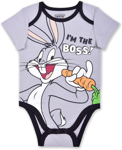 . Looney Tunes Boys’ 5 Pack Short Sleeve Bodysuit for Newborn and Infant – Yellow/Grey/Brown/White/Black