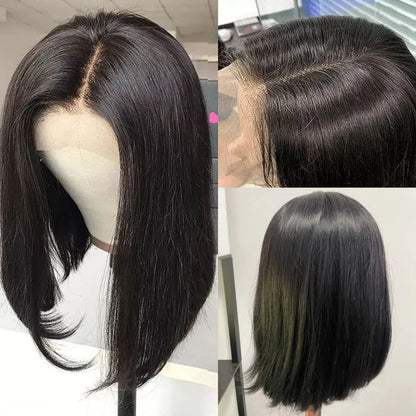 Human Hair Bob Wig Straight Black Bob Wigs Lace Front for Women Short 4X4 Lace Closure Wigs Pre Plucked Brazilian Virgin Cheap Natural Color Middle Part 10 Inch