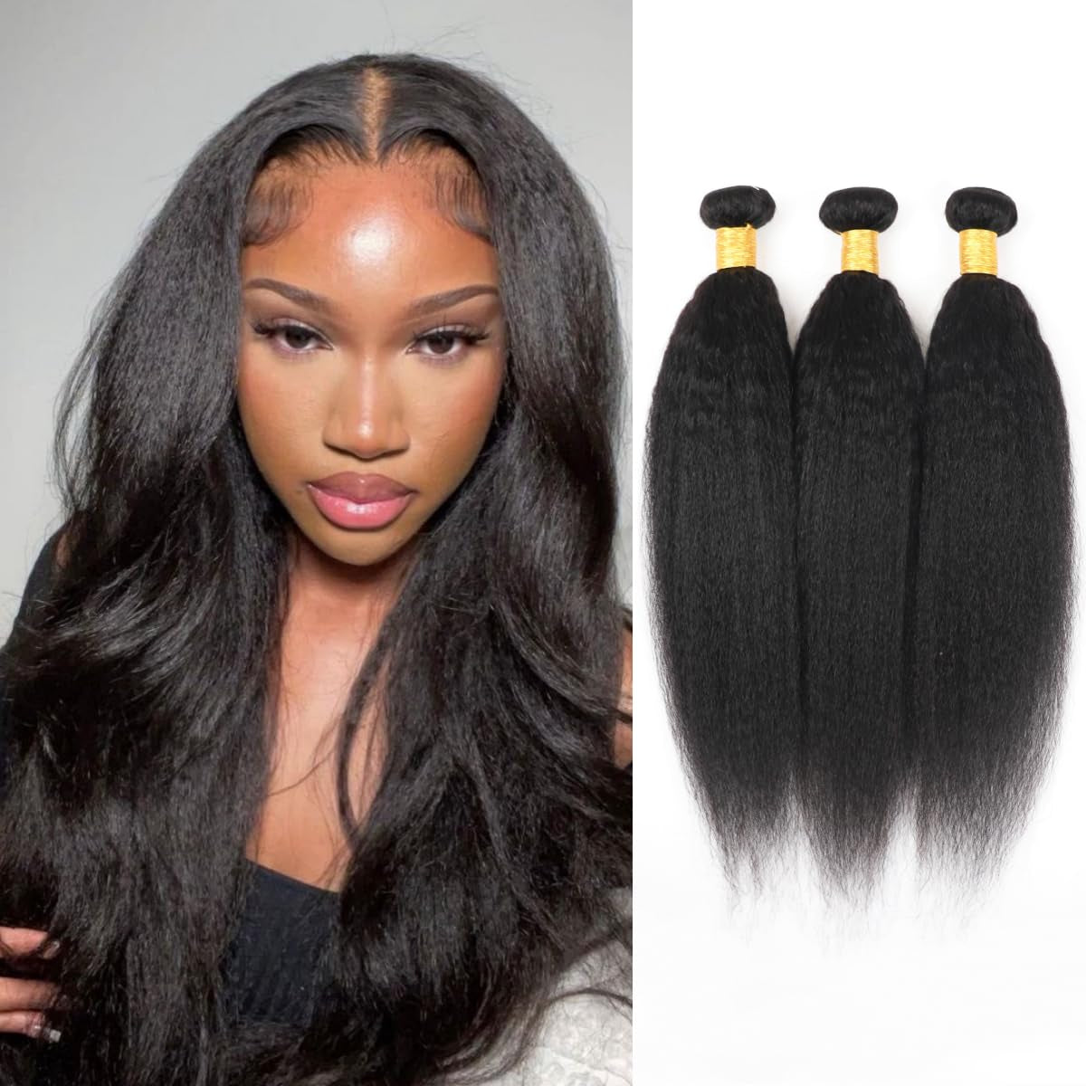 Kinkystraight Human Hair Bundles Yaki Straight Bundles Human Hair 3 Bundles 14 16 18 Inches Real Hair Extensions for Women Natural Black 100% Unprocessed Brazilian Virgin Remy Hair