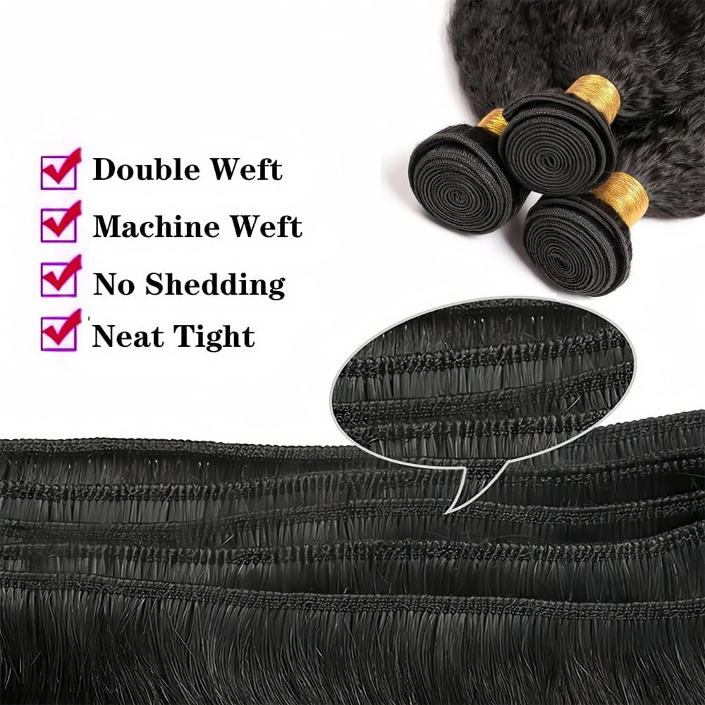 Kinkystraight Human Hair Bundles Yaki Straight Bundles Human Hair 3 Bundles 14 16 18 Inches Real Hair Extensions for Women Natural Black 100% Unprocessed Brazilian Virgin Remy Hair