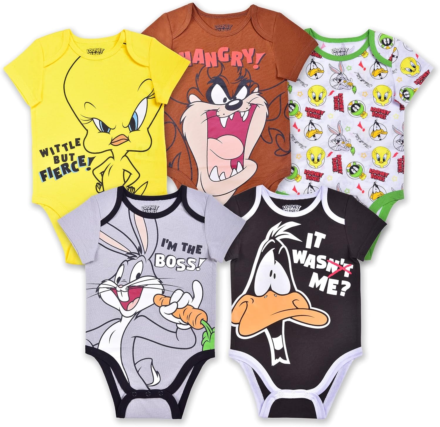 . Looney Tunes Boys’ 5 Pack Short Sleeve Bodysuit for Newborn and Infant – Yellow/Grey/Brown/White/Black