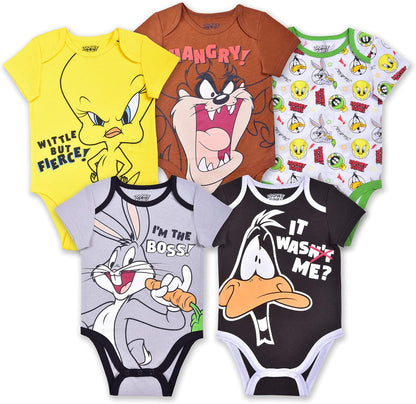 . Looney Tunes Boys’ 5 Pack Short Sleeve Bodysuit for Newborn and Infant – Yellow/Grey/Brown/White/Black