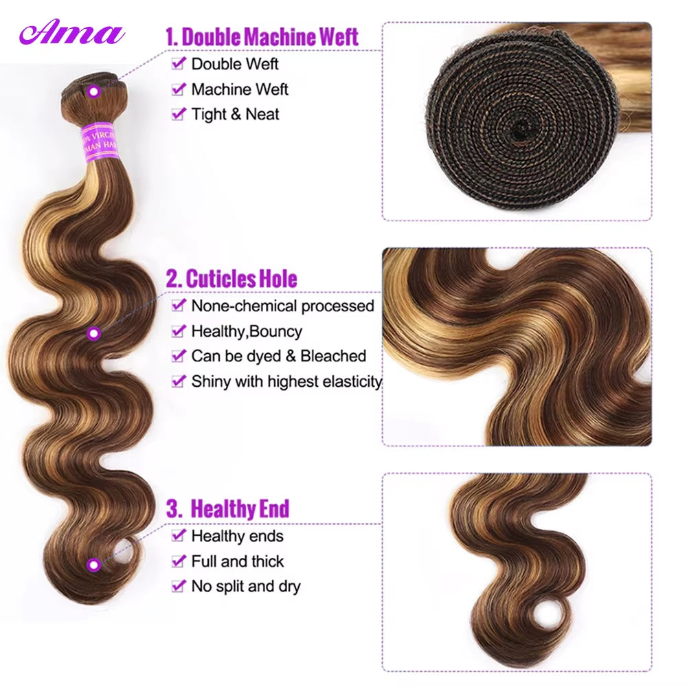 Highlight Bundles with Frontal 13X4 Honey Blonde Body Wave Bundles with Frontal Colored Ombre Human Hair Bundles with Frontal