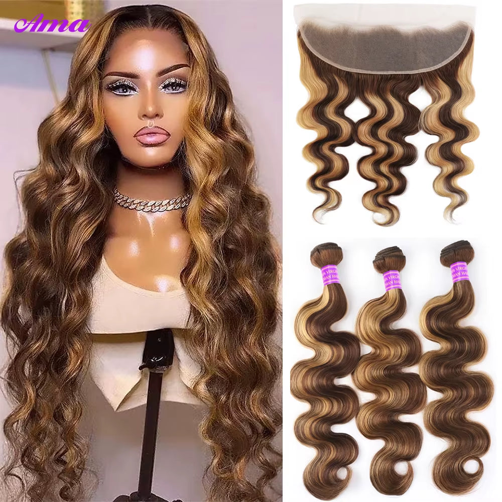 Highlight Bundles with Frontal 13X4 Honey Blonde Body Wave Bundles with Frontal Colored Ombre Human Hair Bundles with Frontal