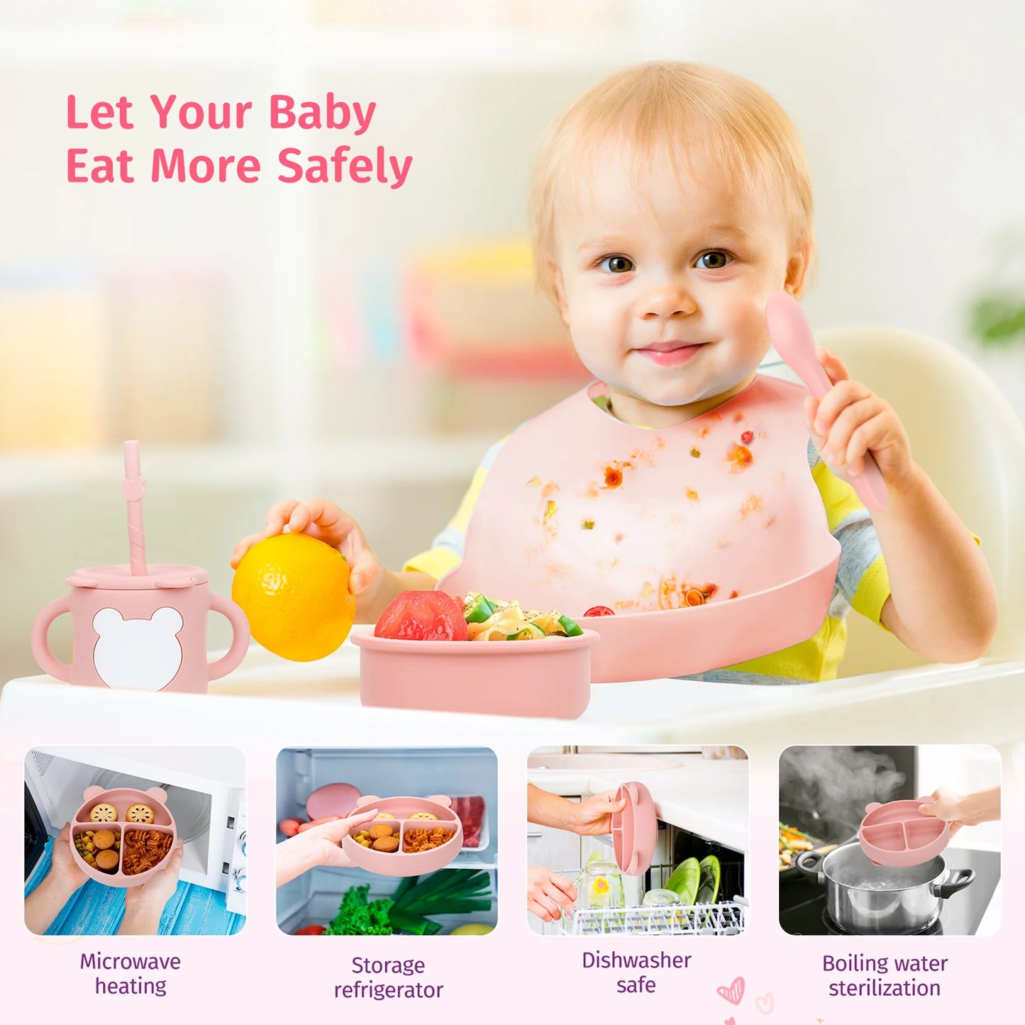 Silicone Baby Feeding Set, 12Pcs Safe Baby Led Weaning Supplies for Toddlers, Baby Plates and Bowl Set, Baby Spoon and Baby Bib, Baby Feeding Essentials(Pink)